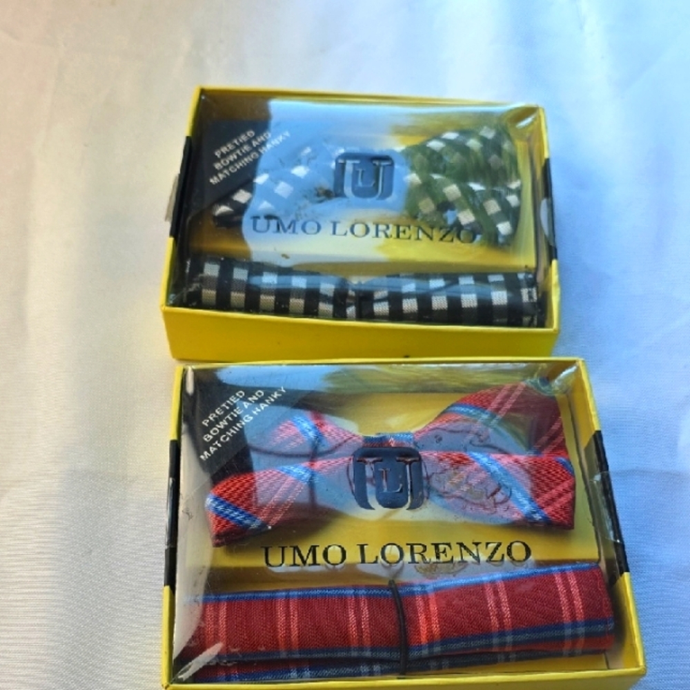 NEW‎ Umo Lorenzo 2 Boxed Sets Bowtie/Hanky Blk/White & Red/Blue Plaid